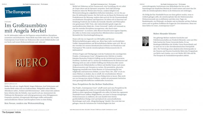 While the first brief organized a series of physical debates among managements and the arts in the University of Maastricht, the second developed into an article, an online debate, in the opinion magazine 'The European'.

The author, Ruben Schuster, questions Friedrich Gräfling's research and thesis and whether Angela Merkels office should be considered as a Großraumbüro. A Großraumbüro, not in form of an event space, bringing different categories together on a constant, even daily basis. The stakeholders mentioned, was were Angela Merkel, Prof. Dr. Habermas, Josef Ackerman and Anselm Kiefer are sharing this Großraumbüro.

Where and how could this exchange manifest?


